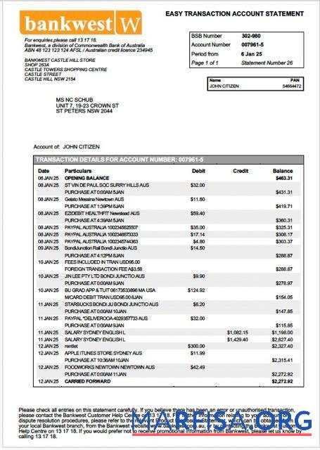 Realistic Australia Bankwest account statement download for verification